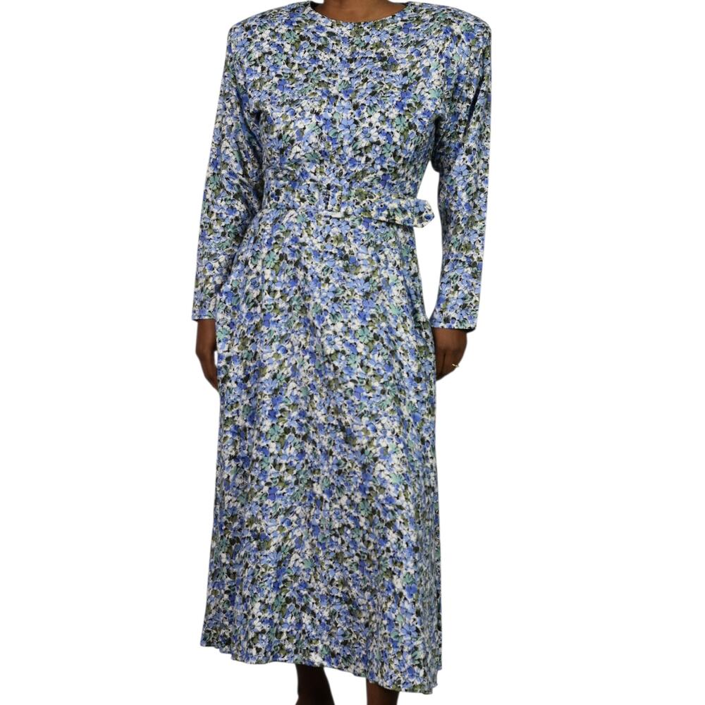 Vintage Express Compagnie Internationale Blue Ditsy Floral Belted Maxi Dress M